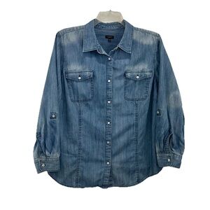 Talbots Denim Button Up Shirt Womens 22WP Petite Roll-Tab Blue Vintage Look